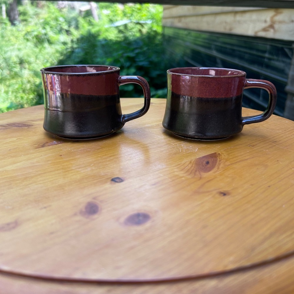 Vintage Studio Pottery Espresso Mugs Pair Ceramic Red Brown Two Tone Glaze MCM